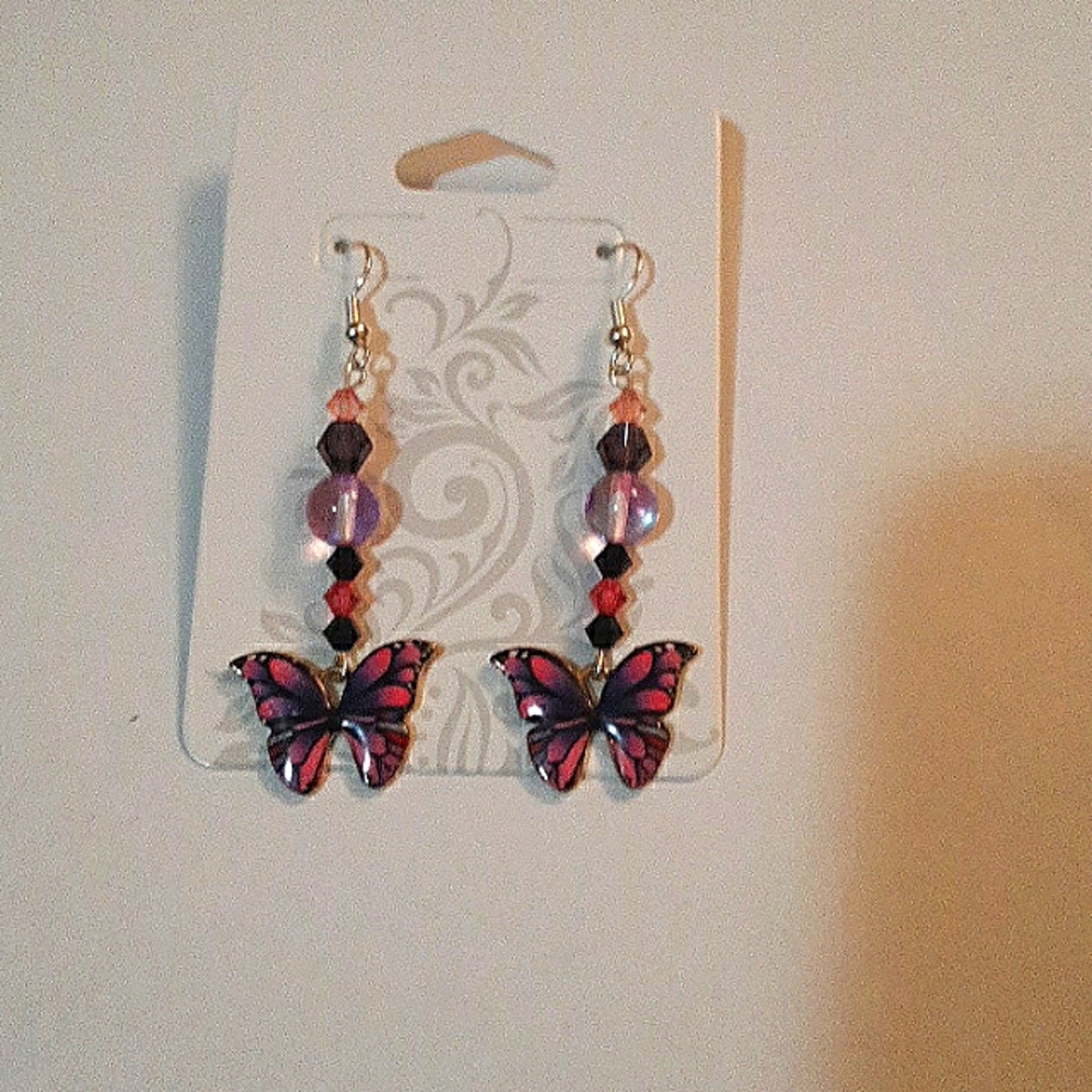 Pink Butterfly Earrings crystal & glass beads. Sterling silver. Kyork Jewelry